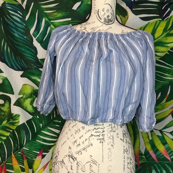 EUC $34 Hollister Medium Blue Stripe Off Shoulder Mid Sleeve Summer Crop Top - Picture 1 of 6